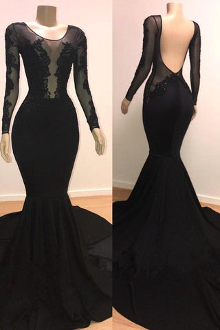Unique Scoop Long Sleeves Backless Appliques Tulle Mermaid Prom Dresses