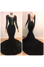 Unique Scoop Long Sleeves Backless Appliques Tulle Mermaid Prom Dresses
