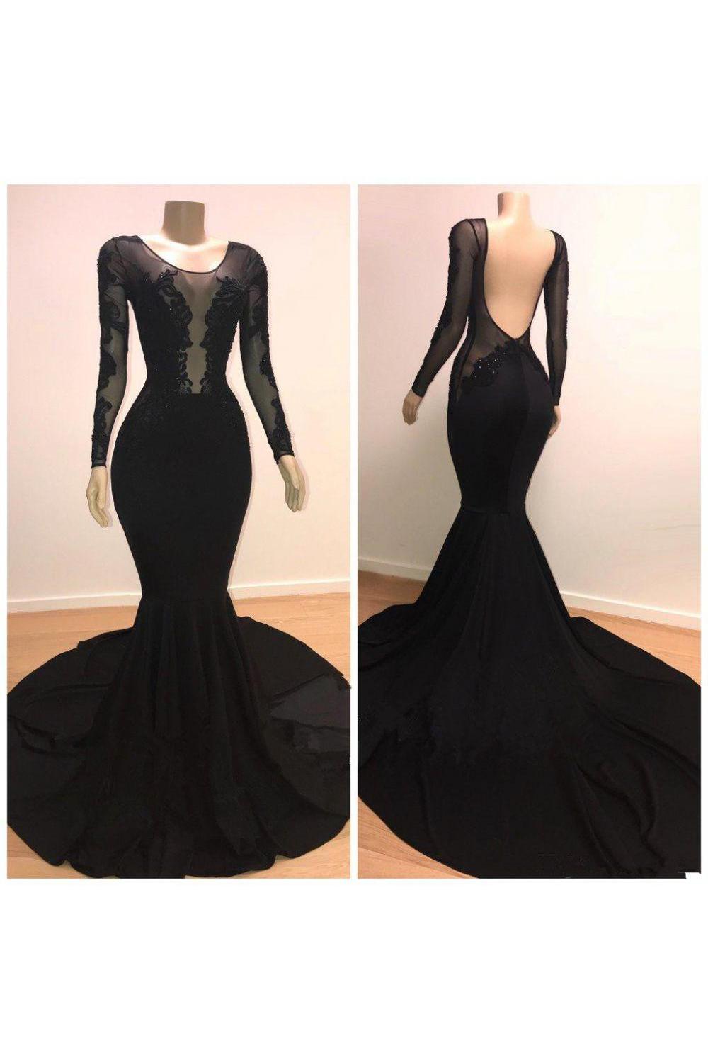 Unique Scoop Long Sleeves Backless Appliques Tulle Mermaid Prom Dresses