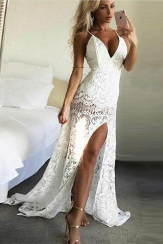 Vestidos formales únicos con tirantes finos, apliques, sin mangas, escote en V delantero y abertura lateral.