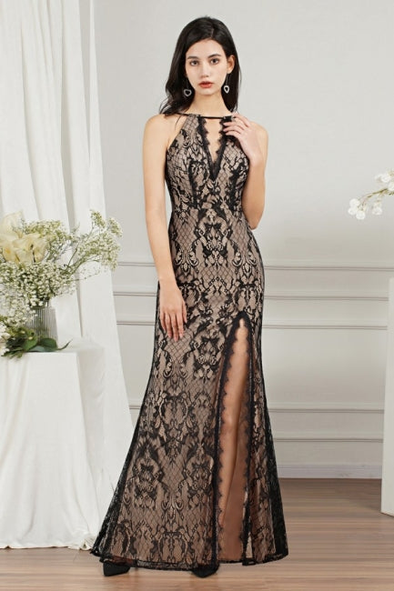 Vestidos de fiesta únicos de tul con escote en V, sin mangas, corte sirena, abertura frontal y apliques.