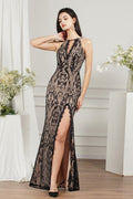 Vestidos de fiesta únicos de tul con escote en V, sin mangas, corte sirena, abertura frontal y apliques.