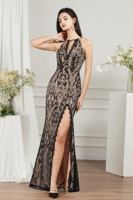 Vestidos de fiesta únicos de tul con escote en V, sin mangas, corte sirena, abertura frontal y apliques.