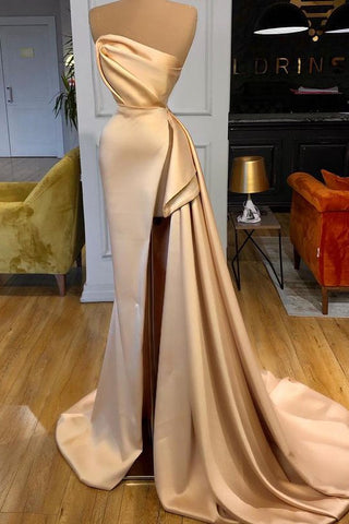 Robe de bal unique couleur champagne, fendue sur le côté, longue