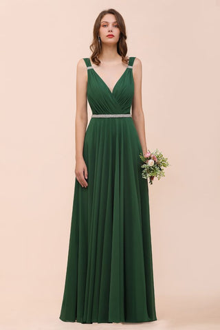 V-Neck A-line Dark Green Bridesmaid Dress Rhinestone Waist Belt