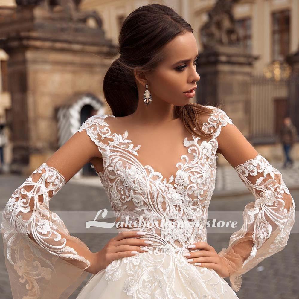 Baoleely V-Neck A Line Lace Wedding Dresses Applique Beading