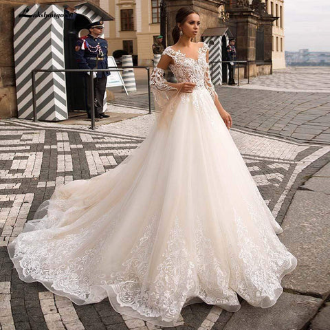 Baoleely V-Neck A Line Lace Wedding Dresses Applique Beading