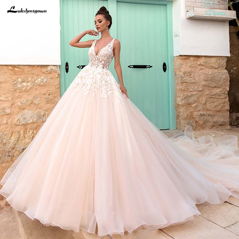Baoleely V-Neck A Line Lace Wedding Dresses Applique Beading