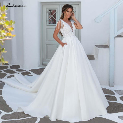 Baoleely V-Neck A Line Satin Wedding Dresses Elegant Appliques