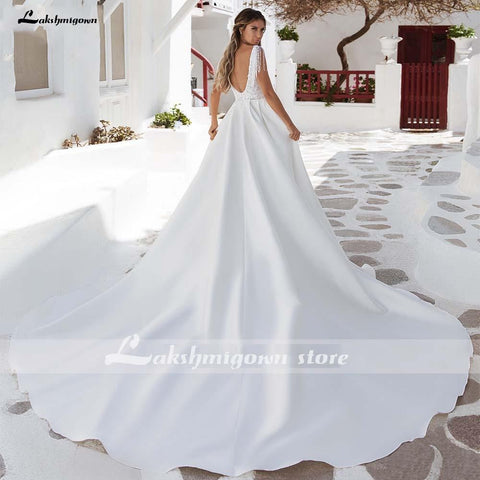 Baoleely V-Neck A Line Satin Wedding Dresses Elegant Appliques