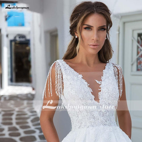 Baoleely V-Neck A Line Satin Wedding Dresses Elegant Appliques