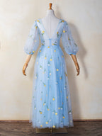 Robe de bal longue en tulle brodé de dentelle à col en V