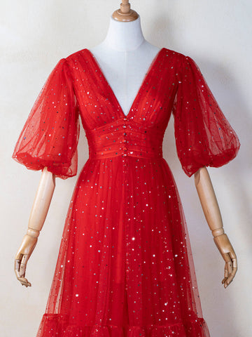 Vestido de fiesta de tul con escote en V y brillo hasta la rodilla