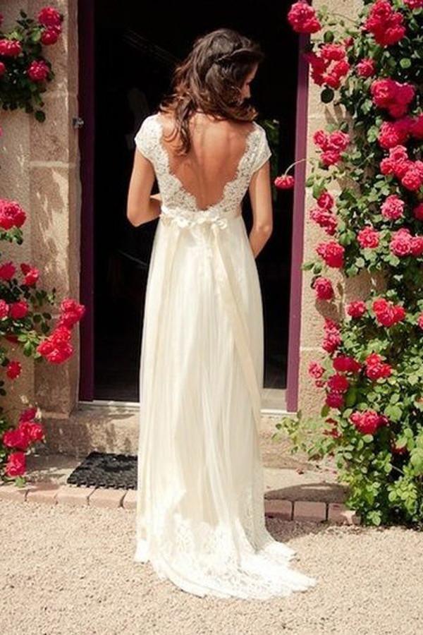 Robe de mariée dos nu à manches courtes et col en V avec traîne et ceinture WD011