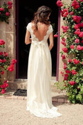 Robe de mariée dos nu à manches courtes et col en V avec traîne et ceinture WD011