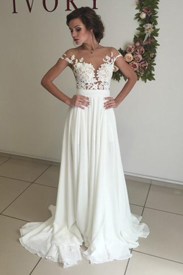 Robe de mariée ivoire à col en V, manches courtes et traîne, ornée d'appliques WD002