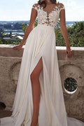 Robe de mariée ivoire à col en V, manches courtes et traîne, ornée d'appliques WD002