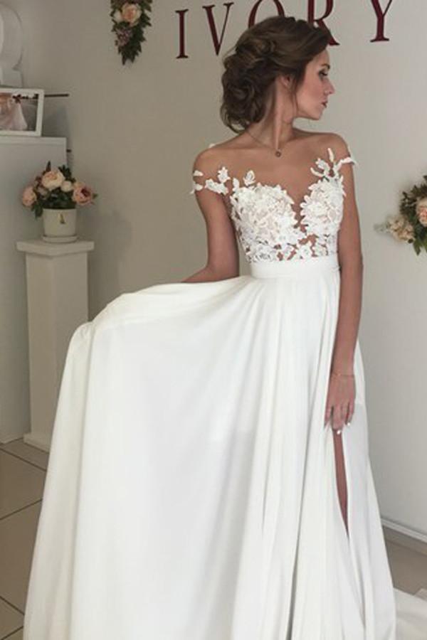 Robe de mariée ivoire à col en V, manches courtes et traîne, ornée d'appliques WD002