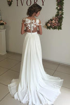 Robe de mariée ivoire à col en V, manches courtes et traîne, ornée d'appliques WD002