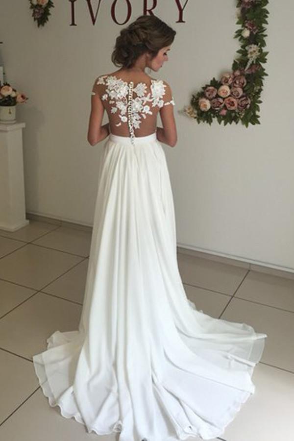 Robe de mariée ivoire à col en V, manches courtes et traîne, ornée d'appliques WD002