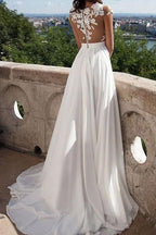 Robe de mariée ivoire à col en V, manches courtes et traîne, ornée d'appliques WD002