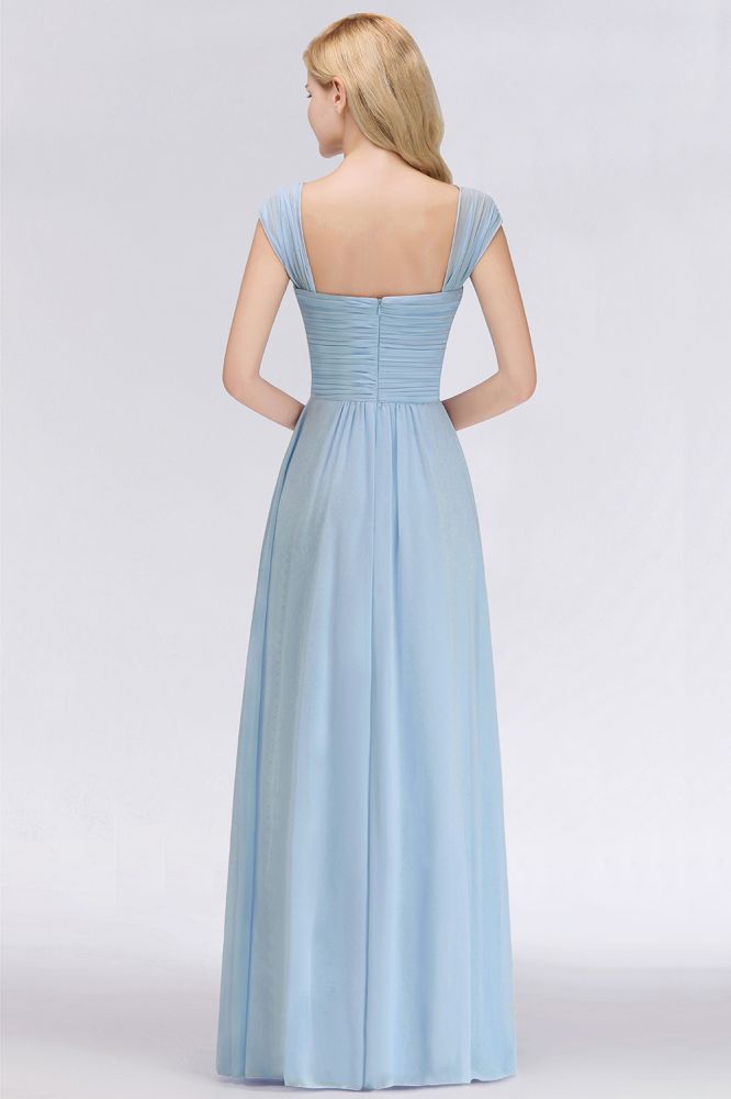 Vestido de dama de honor de gasa con escote en V, corte en A, azul celeste, largo hasta el suelo, estilo swing.