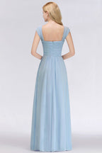 Vestido de dama de honor de gasa con escote en V, corte en A, azul celeste, largo hasta el suelo, estilo swing.