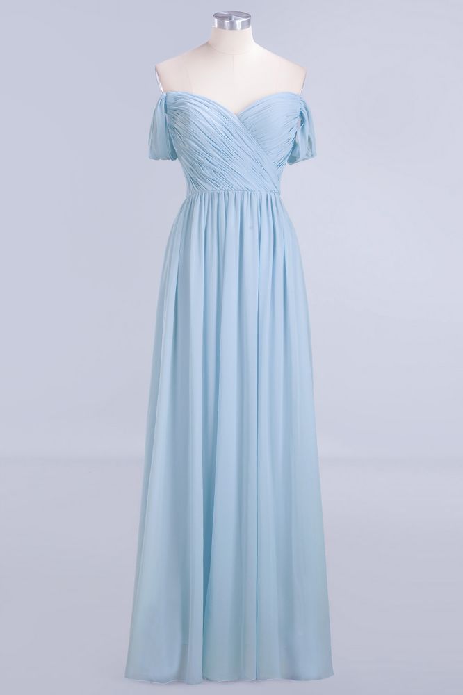 Vestido de dama de honor de gasa con escote en V, corte en A, azul celeste, largo hasta el suelo, estilo swing.