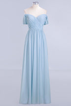 Vestido de dama de honor de gasa con escote en V, corte en A, azul celeste, largo hasta el suelo, estilo swing.