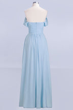 Vestido de dama de honor de gasa con escote en V, corte en A, azul celeste, largo hasta el suelo, estilo swing.