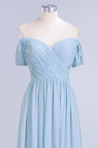 Vestido de dama de honor de gasa con escote en V, corte en A, azul celeste, largo hasta el suelo, estilo swing.