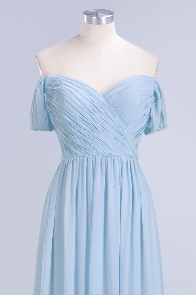 Vestido de dama de honor de gasa con escote en V, corte en A, azul celeste, largo hasta el suelo, estilo swing.