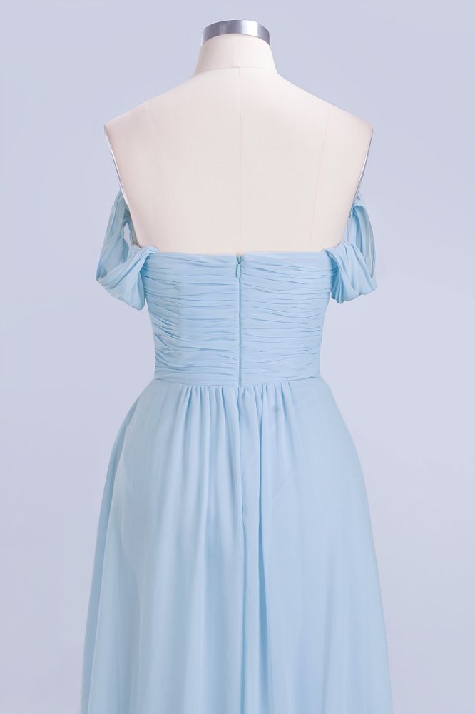 Vestido de dama de honor de gasa con escote en V, corte en A, azul celeste, largo hasta el suelo, estilo swing.