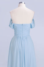 Vestido de dama de honor de gasa con escote en V, corte en A, azul celeste, largo hasta el suelo, estilo swing.