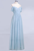 Vestido de dama de honor de gasa con escote en V, corte en A, azul celeste, largo hasta el suelo, estilo swing.