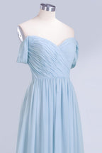 Vestido de dama de honor de gasa con escote en V, corte en A, azul celeste, largo hasta el suelo, estilo swing.