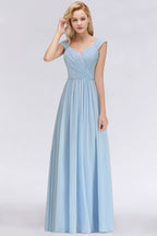 Vestido de dama de honor de gasa con escote en V, corte en A, azul celeste, largo hasta el suelo, estilo swing.
