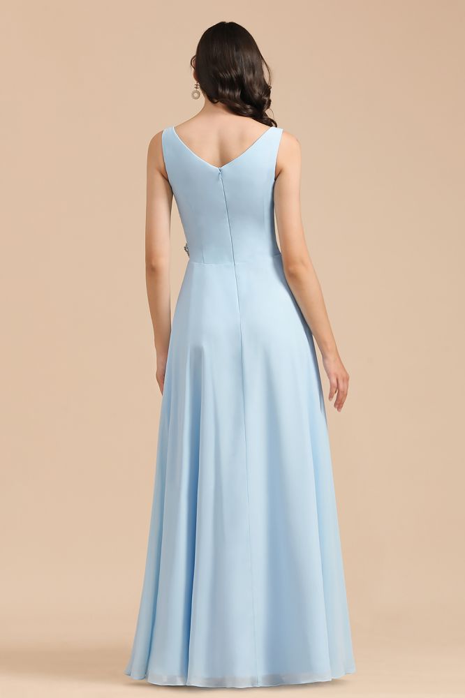 Vestido de dama de honor de gasa con escote en V, corte A, sin mangas y largo hasta el suelo. Vestido de novia sencillo.