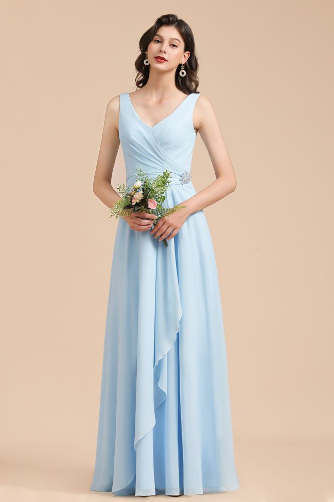 Vestido de dama de honor de gasa con escote en V, corte A, sin mangas y largo hasta el suelo. Vestido de novia sencillo.