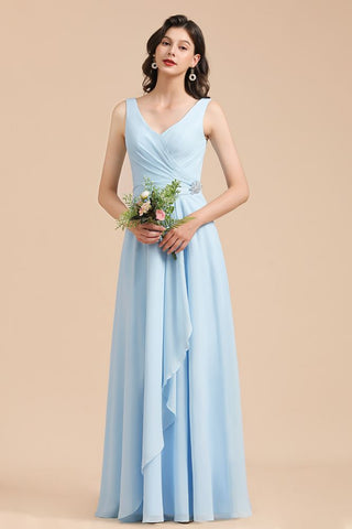 V-Neck Chiffon Aline Bridesmaid Dress Sleeveless Floor Length Simple Wedding Dress