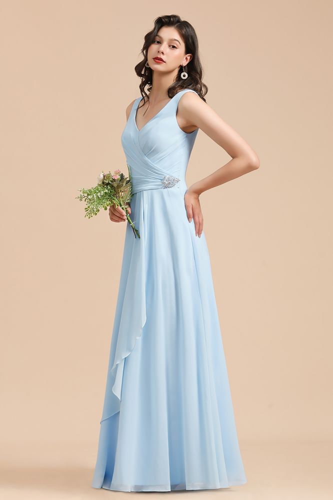 Vestido de dama de honor de gasa con escote en V, corte A, sin mangas y largo hasta el suelo. Vestido de novia sencillo.