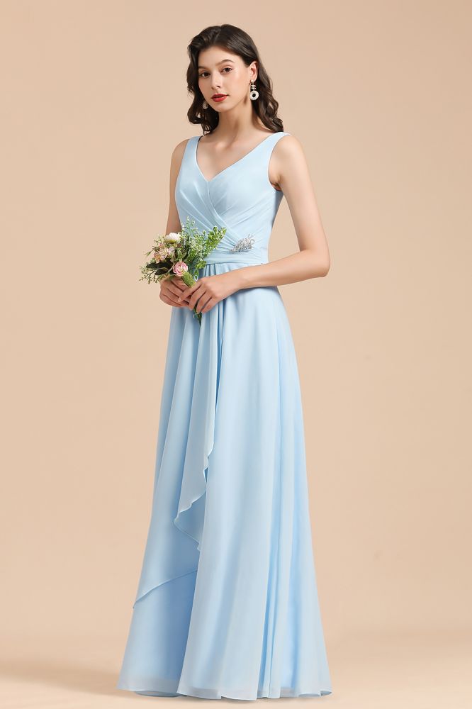 Vestido de dama de honor de gasa con escote en V, corte A, sin mangas y largo hasta el suelo. Vestido de novia sencillo.