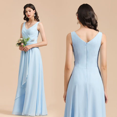 V-Neck Chiffon Aline Bridesmaid Dress Sleeveless Floor Length Simple Wedding Dress
