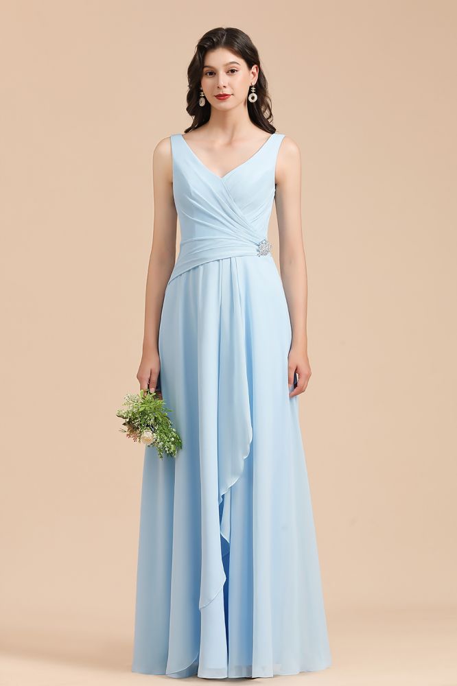 Vestido de dama de honor de gasa con escote en V, corte A, sin mangas y largo hasta el suelo. Vestido de novia sencillo.