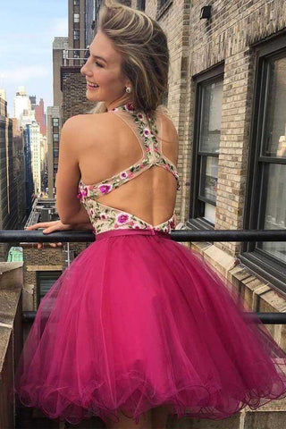 V Neck Embroidery Backless Homecoming Dresses Short Prom Dress PD361