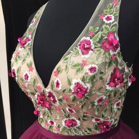 V Neck Embroidery Backless Homecoming Dresses Short Prom Dress PD361