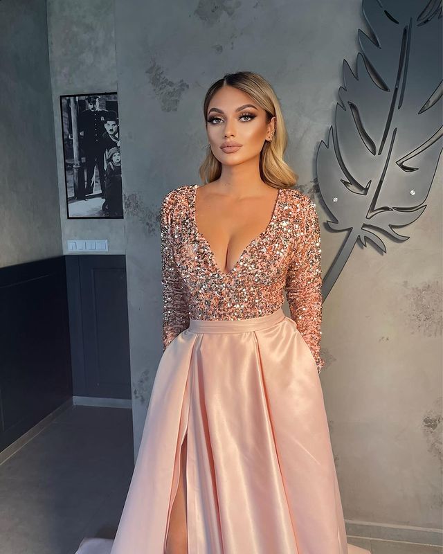 Vestidos de noche con escote en V para mujer, vestido de graduación corte A con abertura