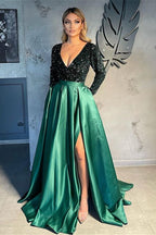 Vestidos de noche con escote en V para mujer, vestido de graduación corte A con abertura