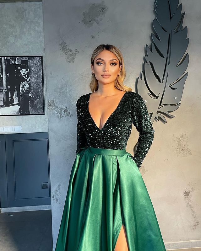 Vestidos de noche con escote en V para mujer, vestido de graduación corte A con abertura
