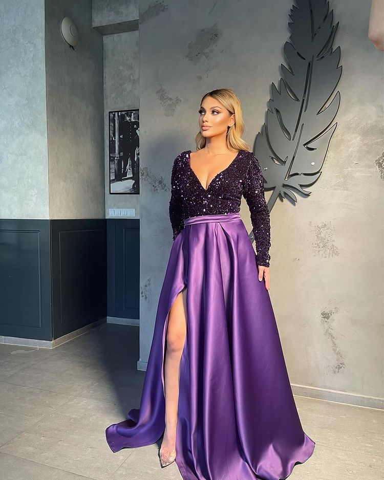 Vestidos de noche con escote en V para mujer, vestido de graduación corte A con abertura